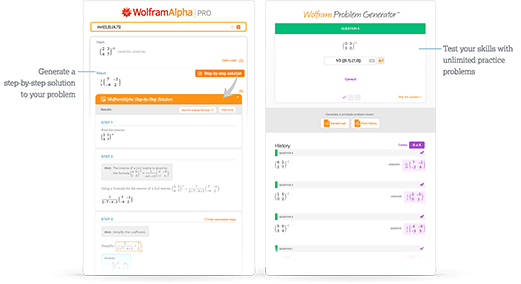 Step-by-step solutions for matrix inverses with informative hints and unlimited Wolfram Problem Generator inverse matrix practice problems