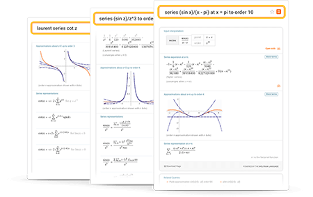 Laurent series and Taylor series expansion results with plots, series representations and answers