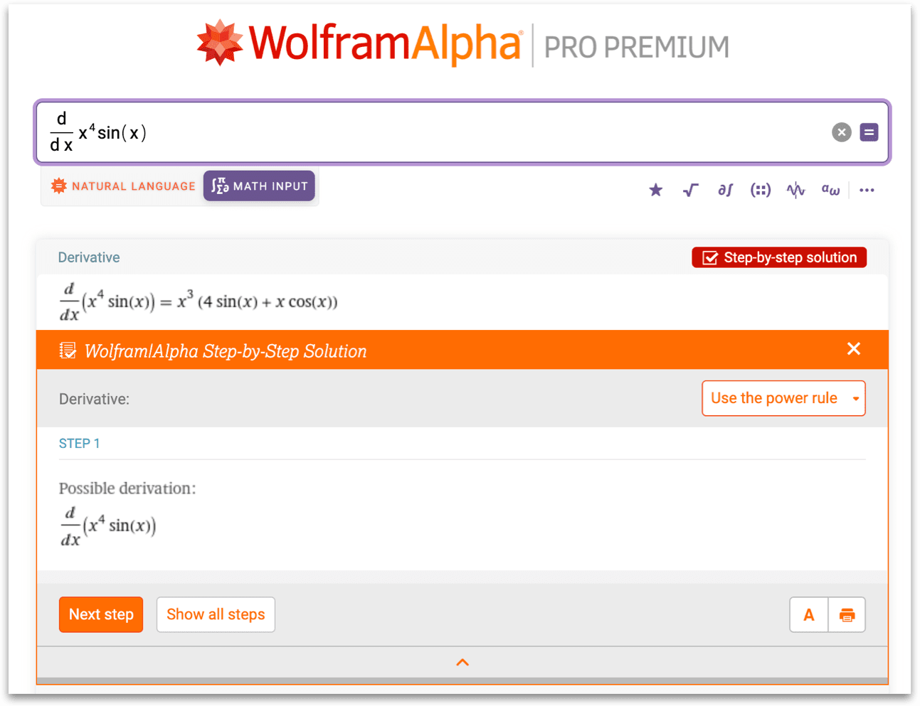 Image of step-by-step solutions with Math Input feature